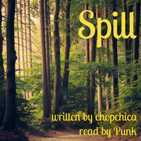 Photograph of a mixed forest taken from ground level. The woods are filled with a buttery yellow light, leafy greenery, and a number of straight, skinny tree trunks reaching up out of frame. Text: Spill, written by chopchica, read by Punk.